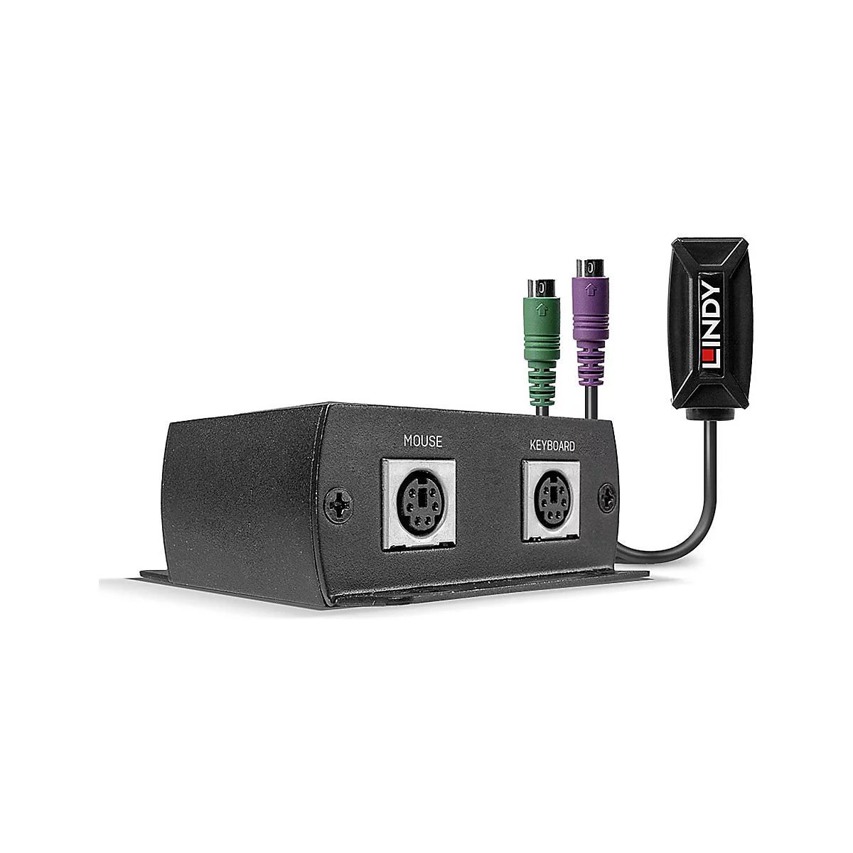 Schwarzer Lindy-KVM-Switch mit grünen und lila PS/2-Kabeln für Maus und Tastatur. Aufschrift: "MOUSE", "KEYBOARD" und "LINDY".