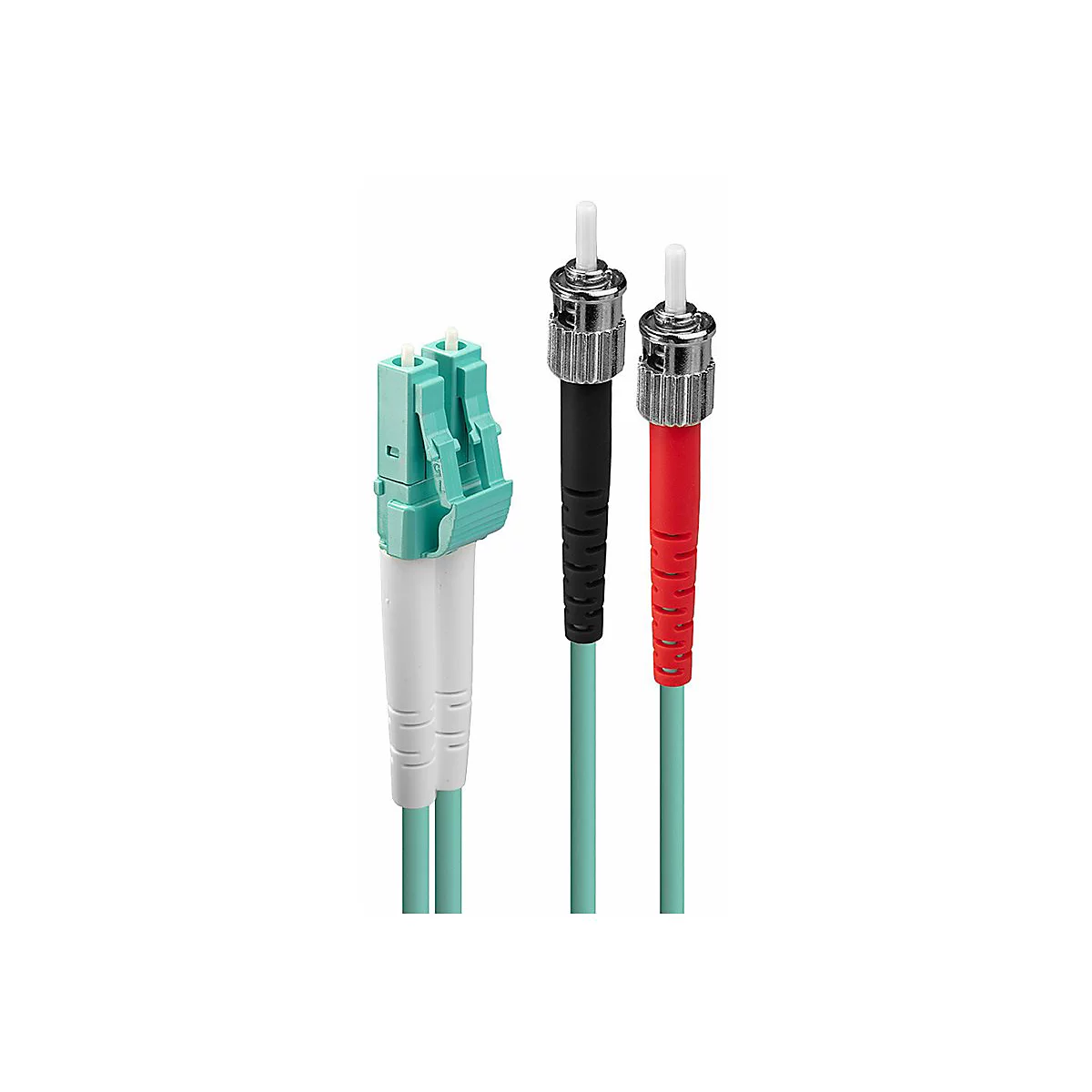 Plusieurs câbles à fibres optiques avec des connecteurs colorés, un vert à gauche et un connecteur noir et rouge à droite.