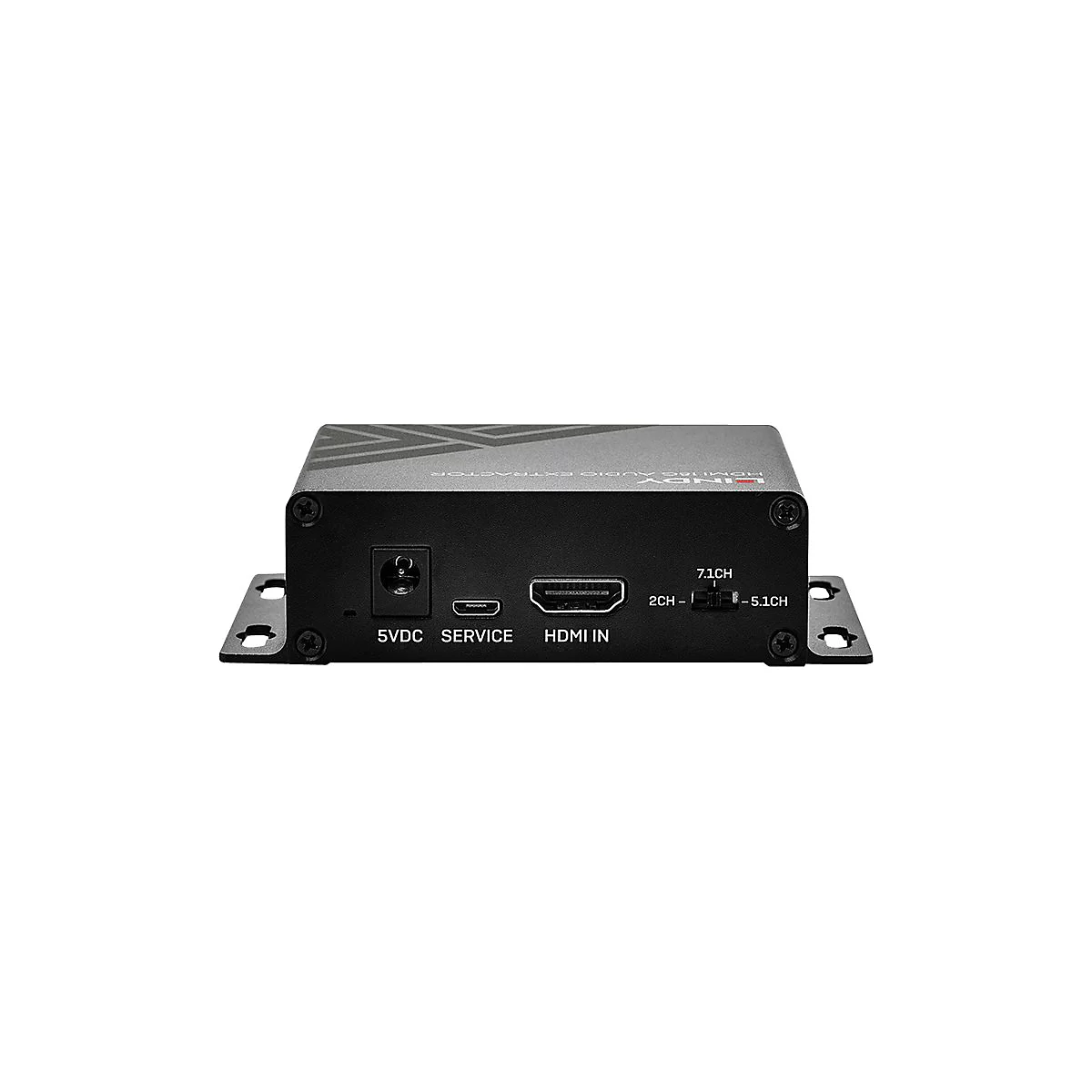 Schwarzer HDMI-Audio-Extraktor. Anschlüsse: 5VDC, Service, HDMI IN und Schalter für 2CH, 5.1CH und 7.1CH.