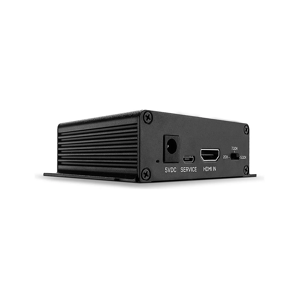 Ein schwarzes, rechteckiges Gerät mit Anschlüssen: 5VDC, SERVICE, HDMI IN, und eine Einstellung für 7.1CH/5.1CH. Auf der Oberseite sind Schrauben.