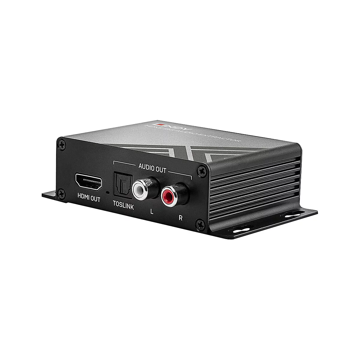 Schwarzer HDMI-Audio-Extractor, detaillierte Ansicht der Anschlüsse: HDMI Out, Toslink, Audio Out (L/R).