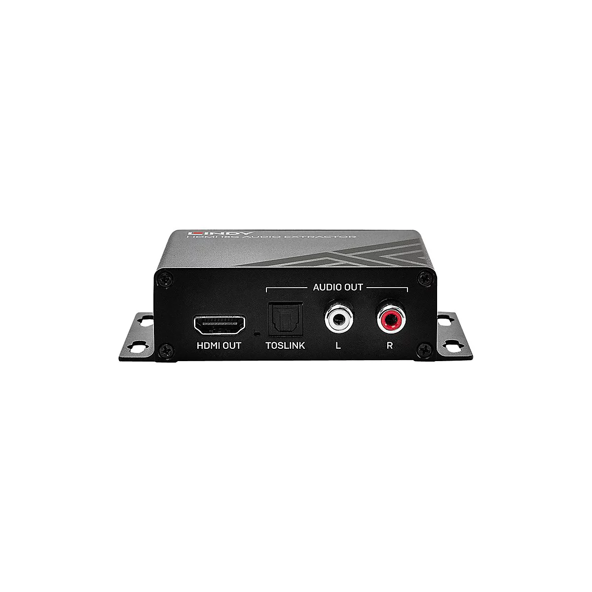 Schwarzer HDMI 18G Audio Extractor mit HDMI Out, Toslink, Audio Out L und R.