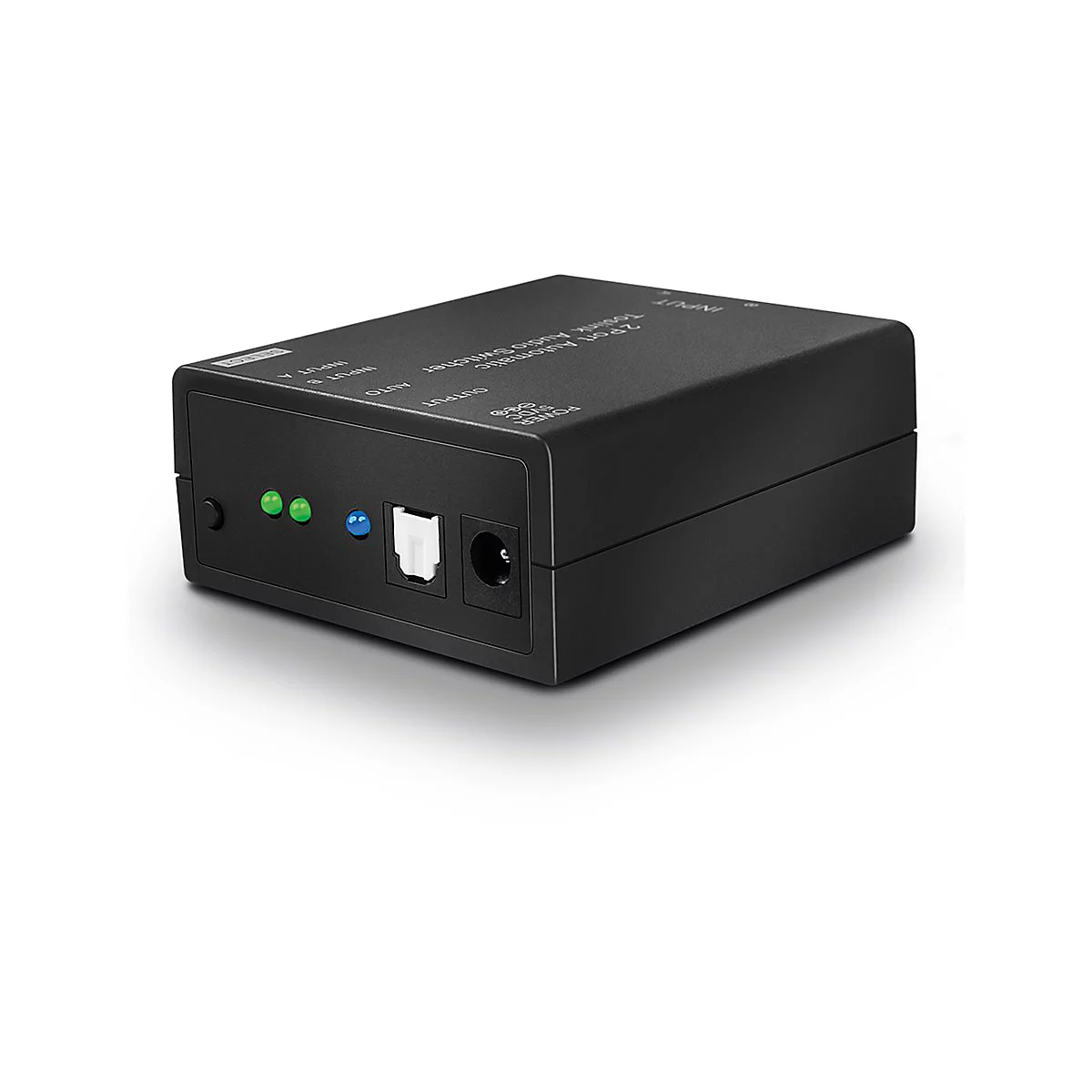 Schwarzer, rechteckiger Audio-Switcher mit Beschriftung und farbigen Leuchten.