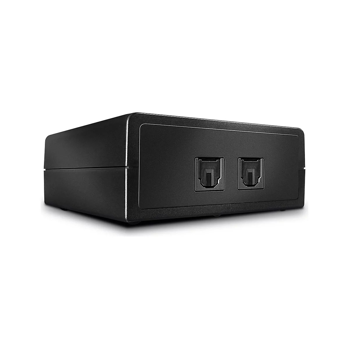 Schwarzes, rechteckiges Gerät mit zwei Aussparungen für Kabel.