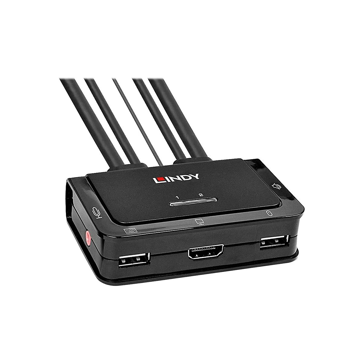 Schwarzer HDMI-Switch mit drei Kabeln, USB-AnschlÃ¼ssen und Lindy-Logo. Auswahlknopf fÃ¼r EingÃ¤nge.