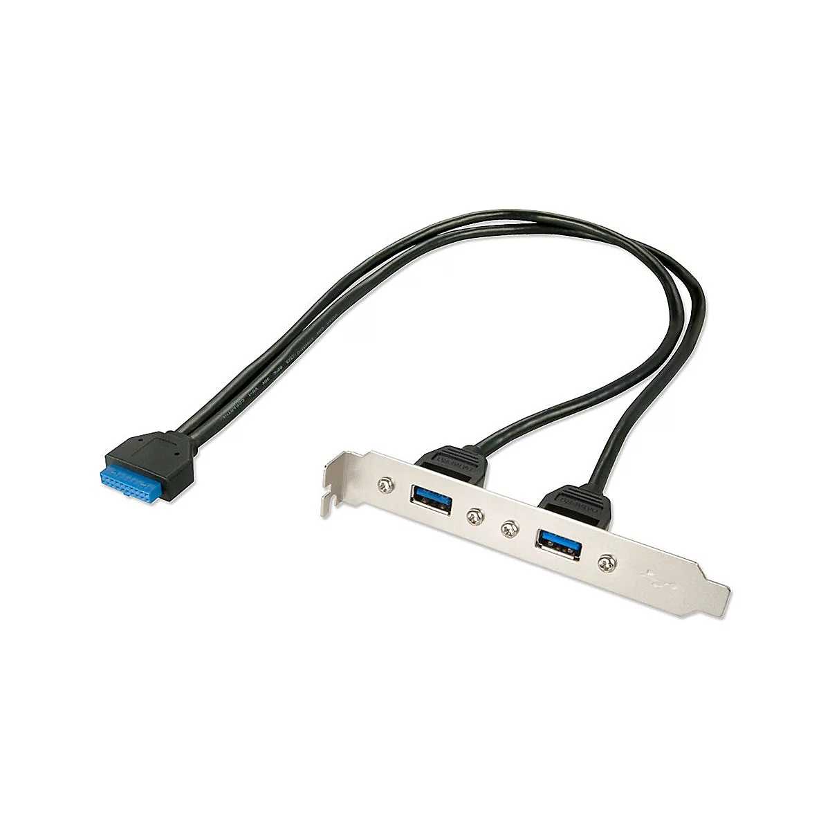 Ein silberner USB-Anschluss mit zwei USB 3.0-Anschlüssen und einem SATA-Anschluss, verbunden durch schwarze Kabel.