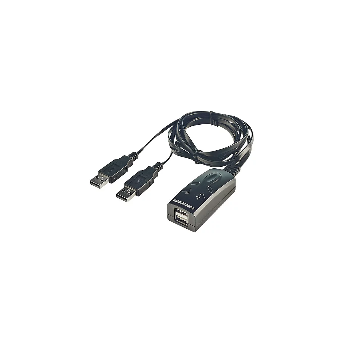 Schwarzer USB-Switch mit zwei EingÃ¤ngen und einem Ausgang. Das Kabel ist gewickelt. Auf dem Switch sind Symbole.