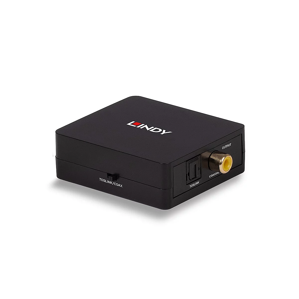 Schwarzer Lindy Audio-Konverter, silberne Schrift, Anschlüsse. Oben: Lindy-Logo. Rechts: Ausgang und Koaxial-Anschluss. Unten: Toslink/Coax.