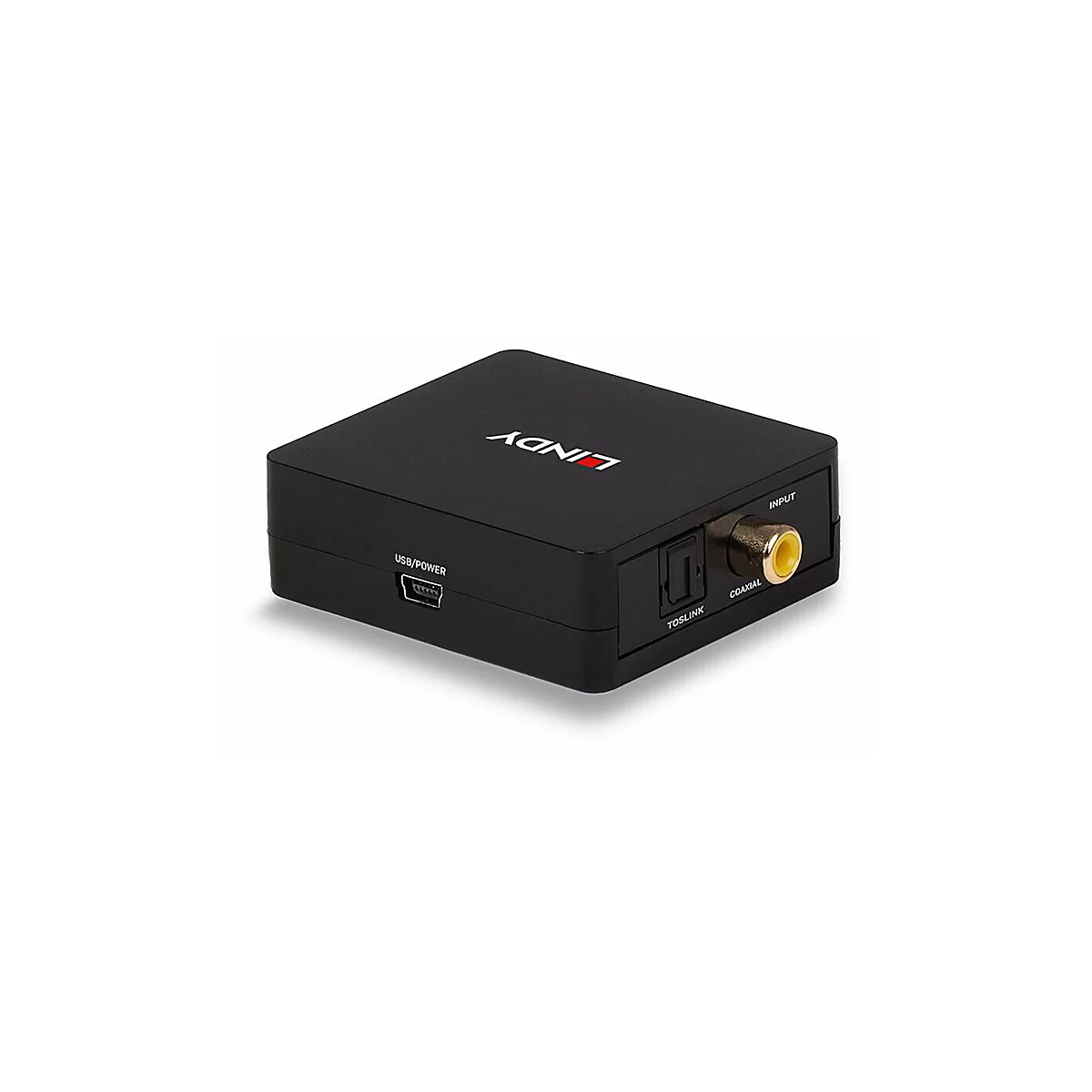 Schwarzer Audio-Konverter mit Anschlüssen, USB, und TOSLINK. Aufschrift: LINDY.