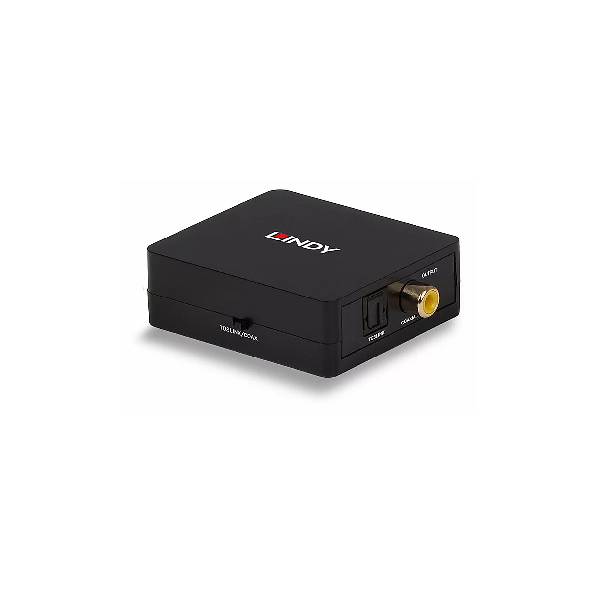 Schwarzer Audio-Konverter mit den Aufschriften LINDY, TOSLINK/COAX und OUTPUT.