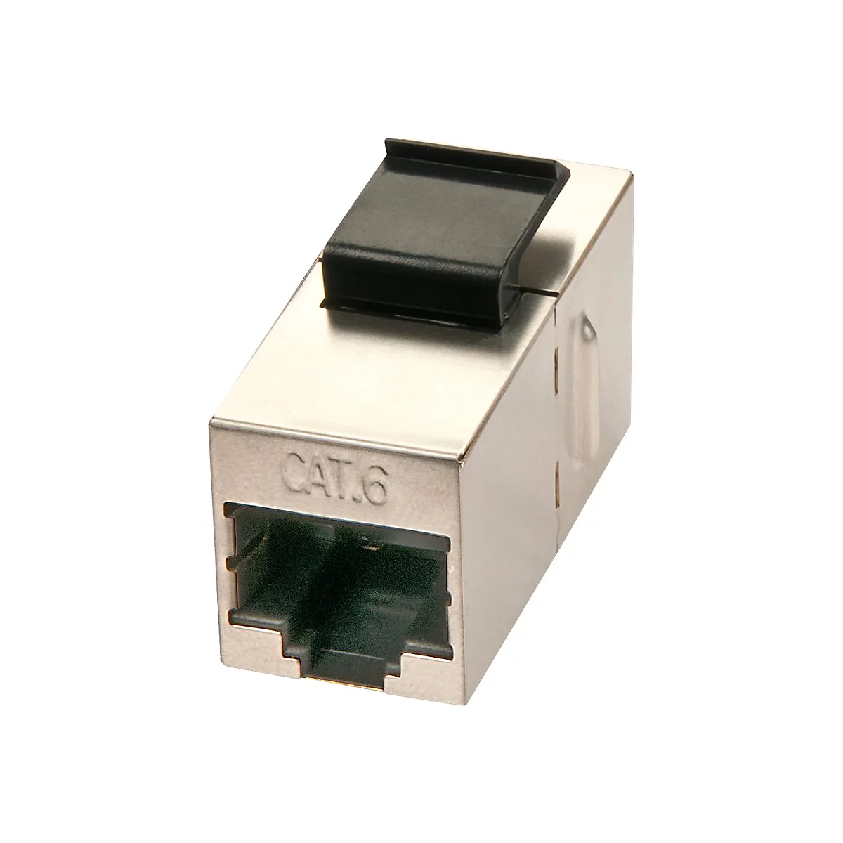 Connecteur RJ45 en métal avec fermoir pliable noir. Texte CAT.6.