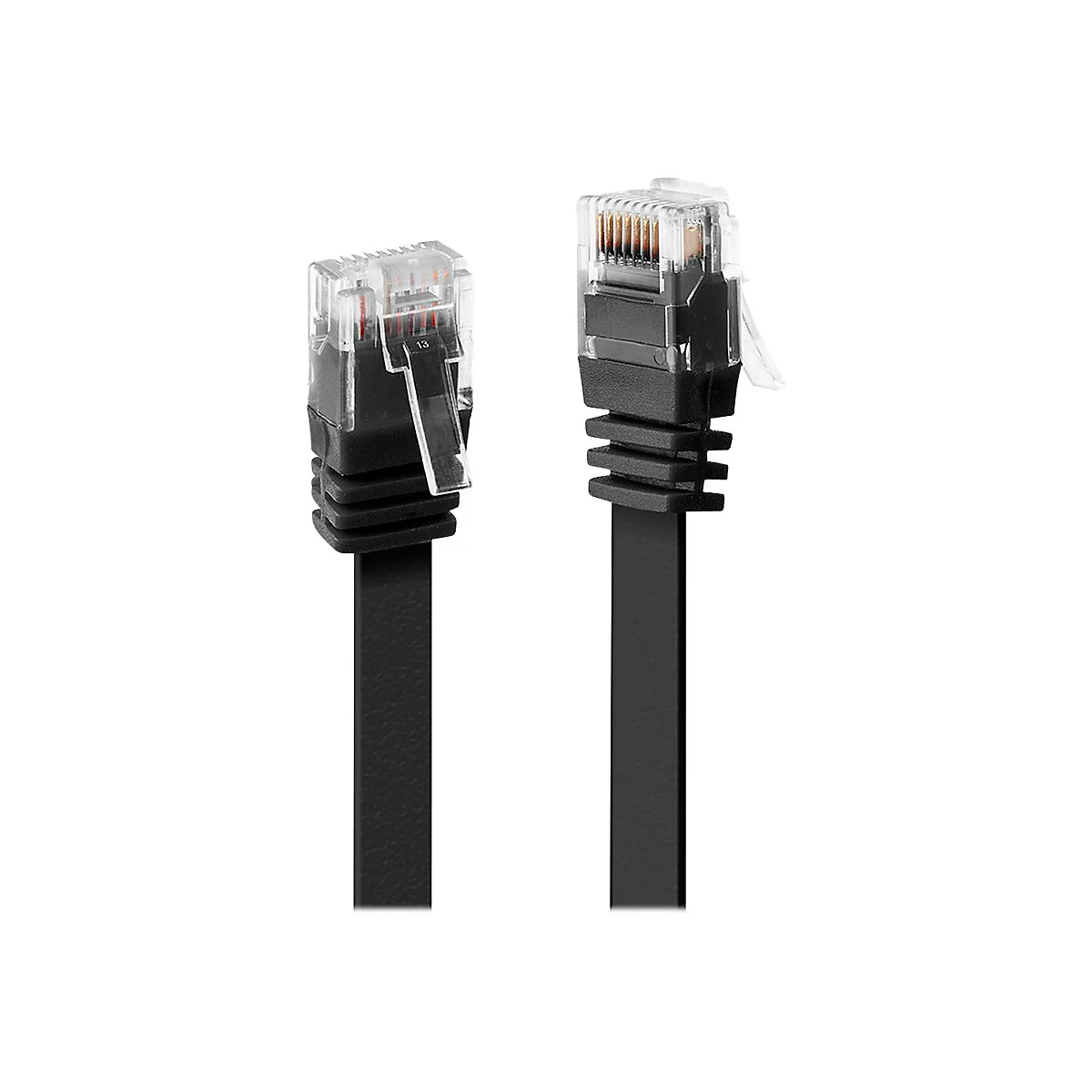 Deux câbles réseau noirs avec des fiches transparentes, sur fond blanc.