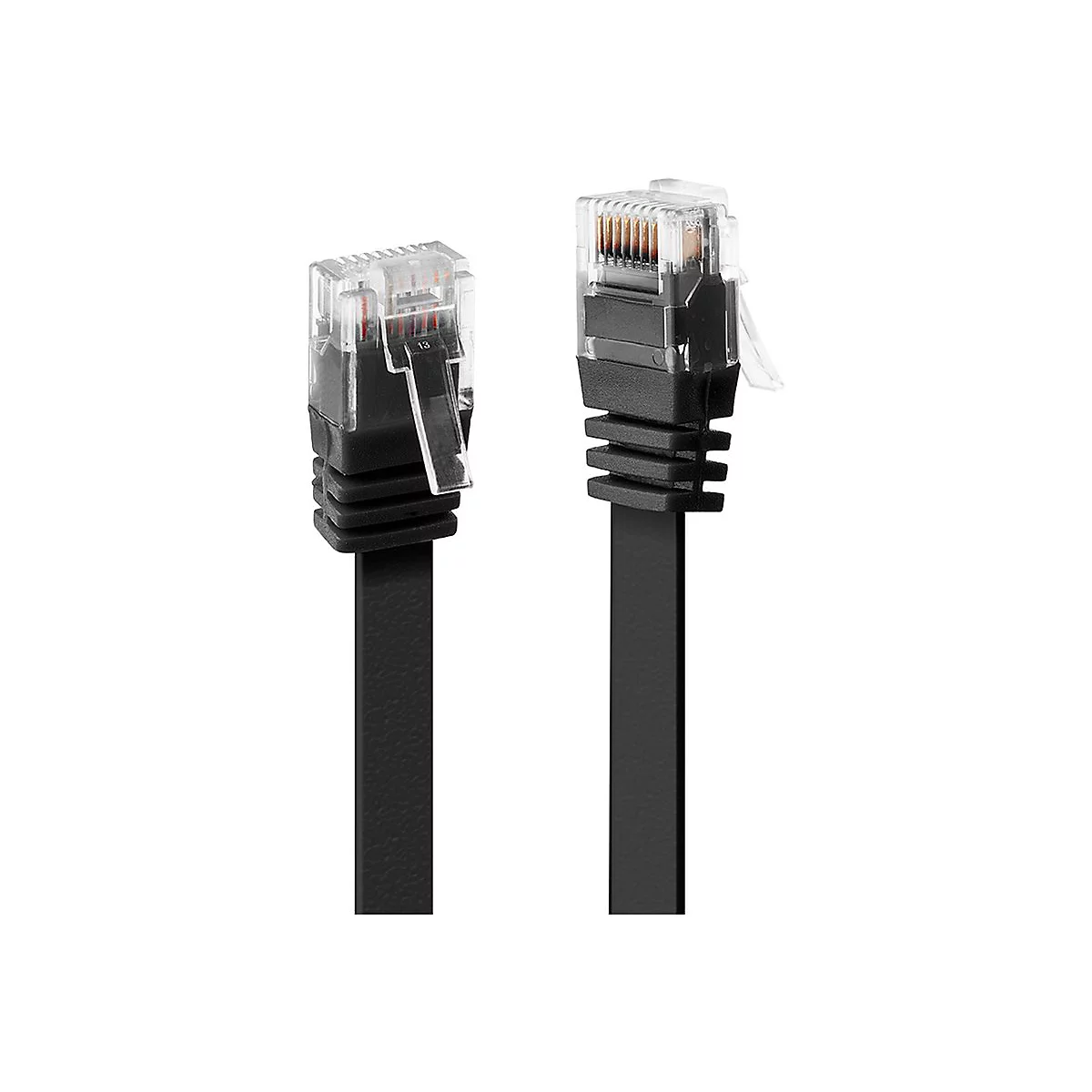 Deux câbles réseau noirs avec connecteurs transparents, sur fond blanc.