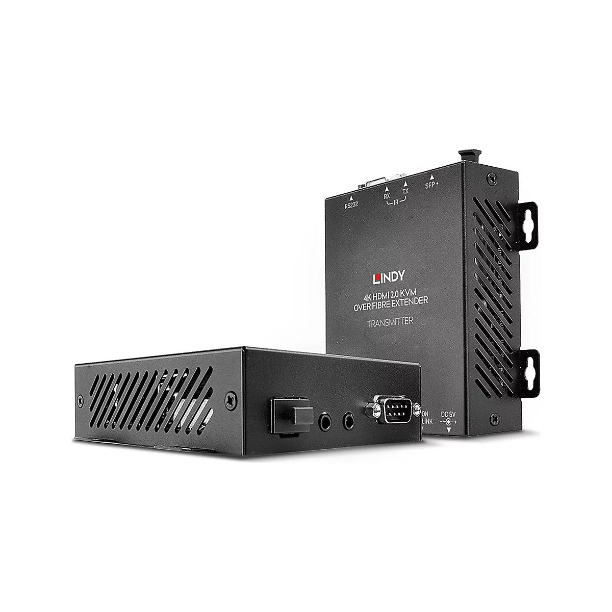 Zwei schwarze HDMI-Extender von LINDY, beschriftet mit Text und Anschlüssen.