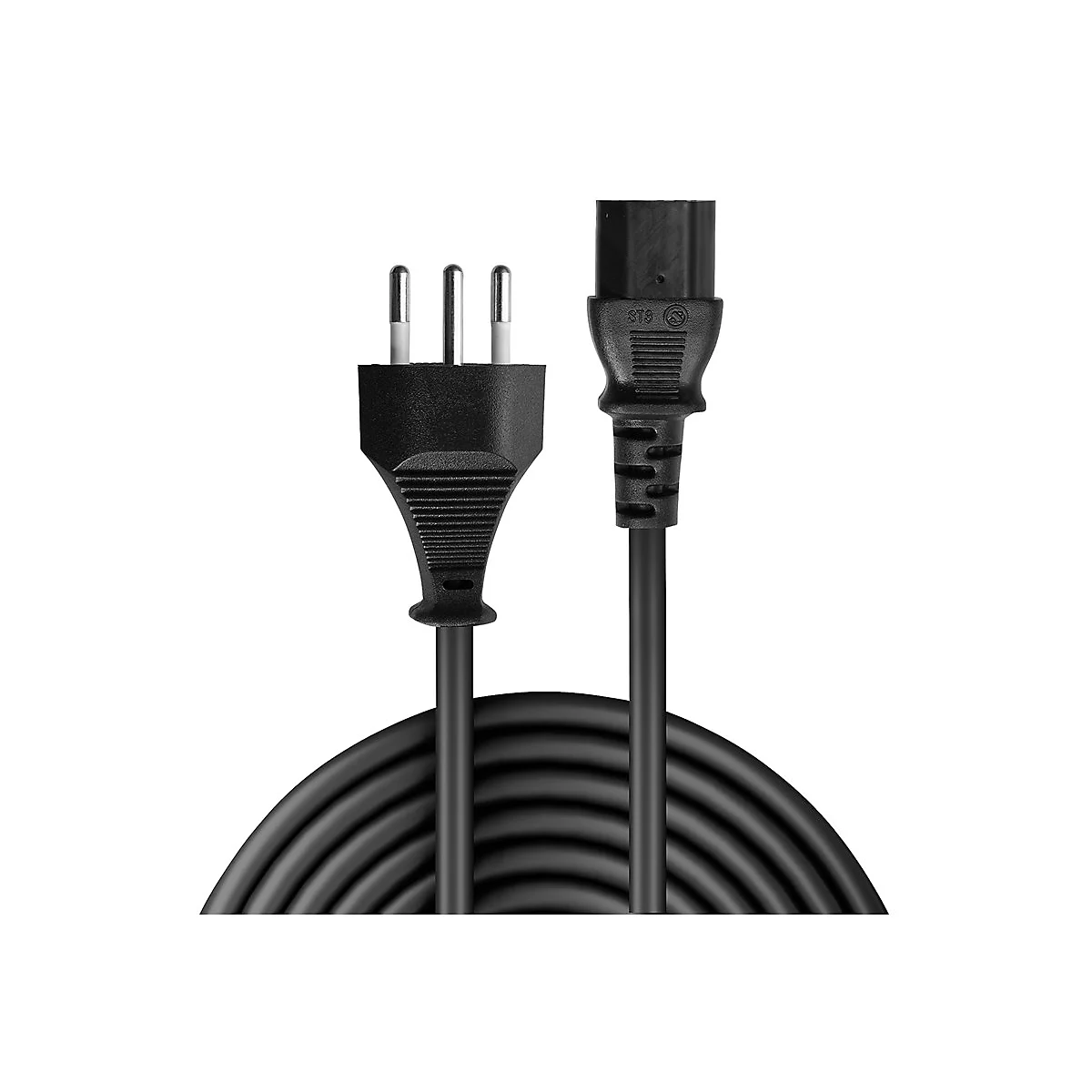Cordon d'alimentation noir avec prise et prise, enroulé sur fond blanc.