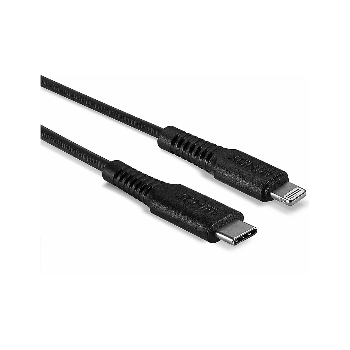 Câble de chargement noir avec connecteur Lightning et USB-C. "LINDY" est imprimé sur les connecteurs.