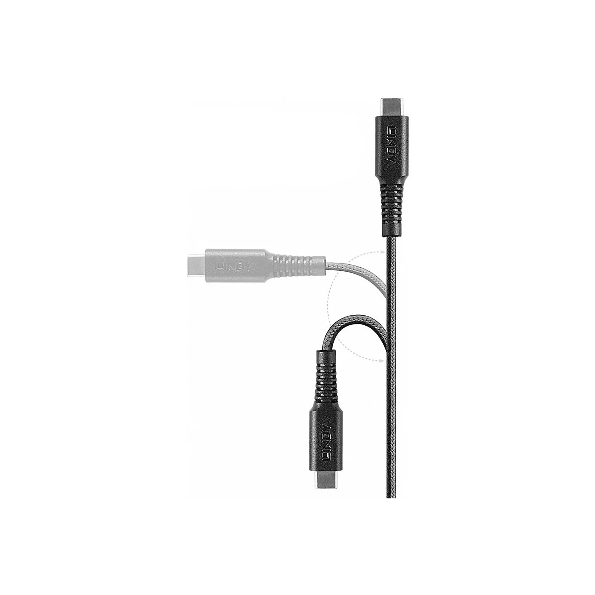 Câble USB-C noir et gris ; un connecteur représenté plié.