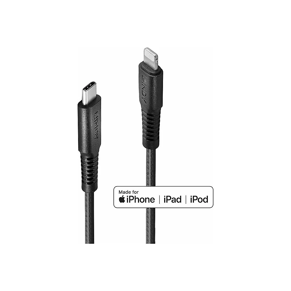 Câble USB-C vers Lightning noir avec un logo "Made for iPhone | iPad | iPod". Les extrémités du câble et le câble lui-même sont visibles.