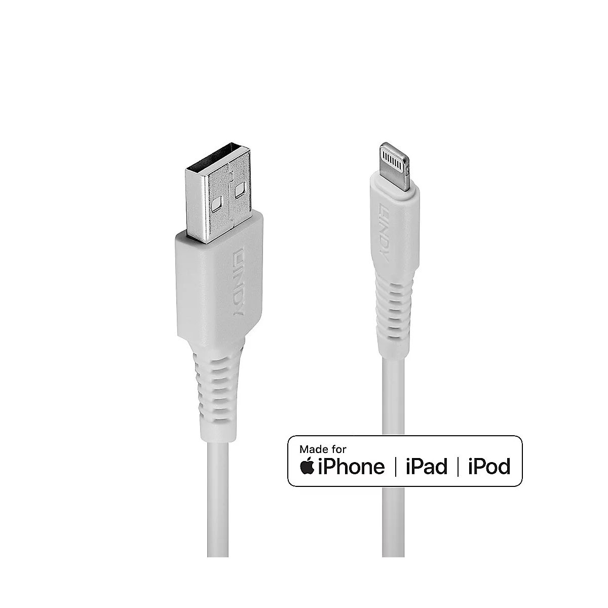 Câble Lightning blanc vers USB. Le câble possède un connecteur USB-A et un connecteur Lightning. Sur le câble, on peut lire "LINDY" et "Made for iPhone | iPad | iPod".