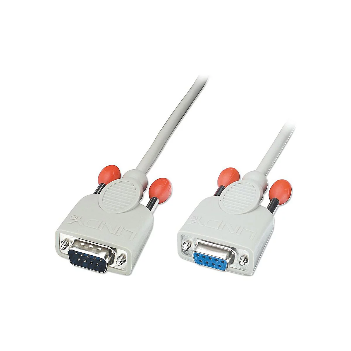 Deux câbles LINDY gris avec des vis rouges et des connecteurs bleus et noirs sur fond blanc.