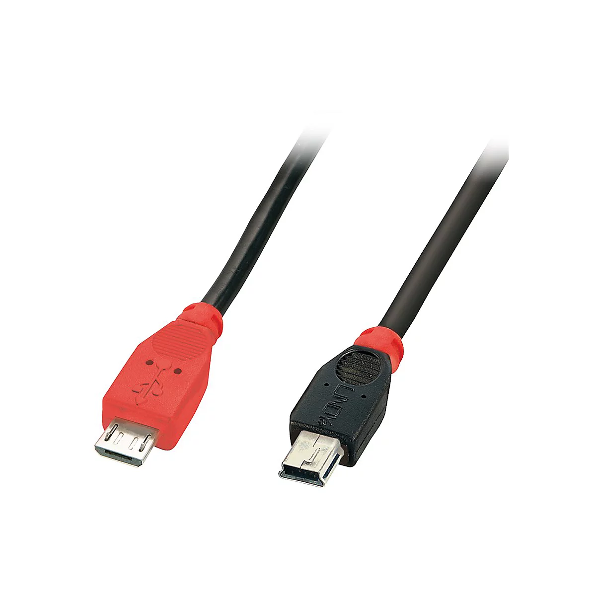 Deux câbles USB avec des extrémités rouges et noires, détails des connecteurs.