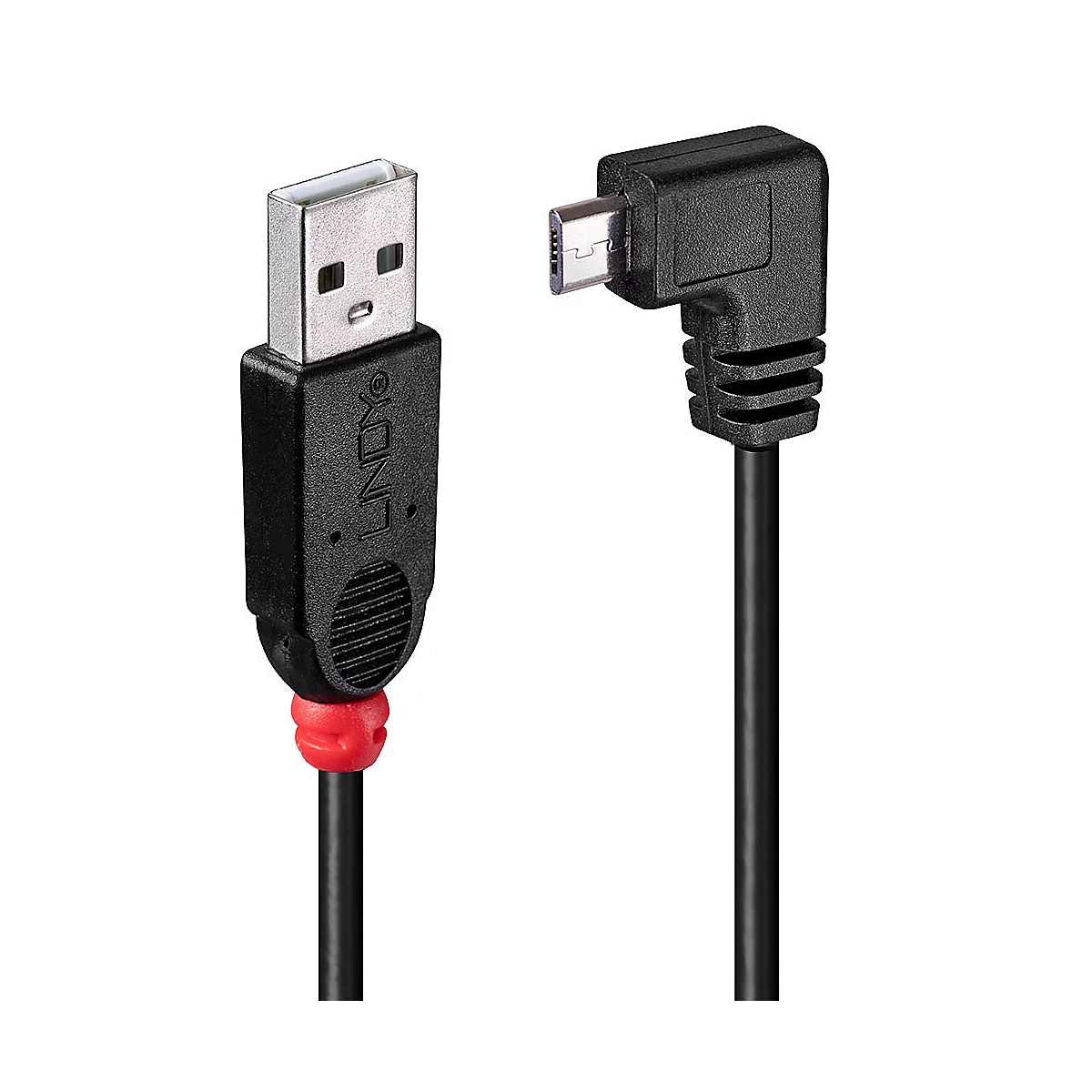 Câble USB noir avec accent rouge. Une extrémité est USB-A, l'autre micro-USB, coudée.