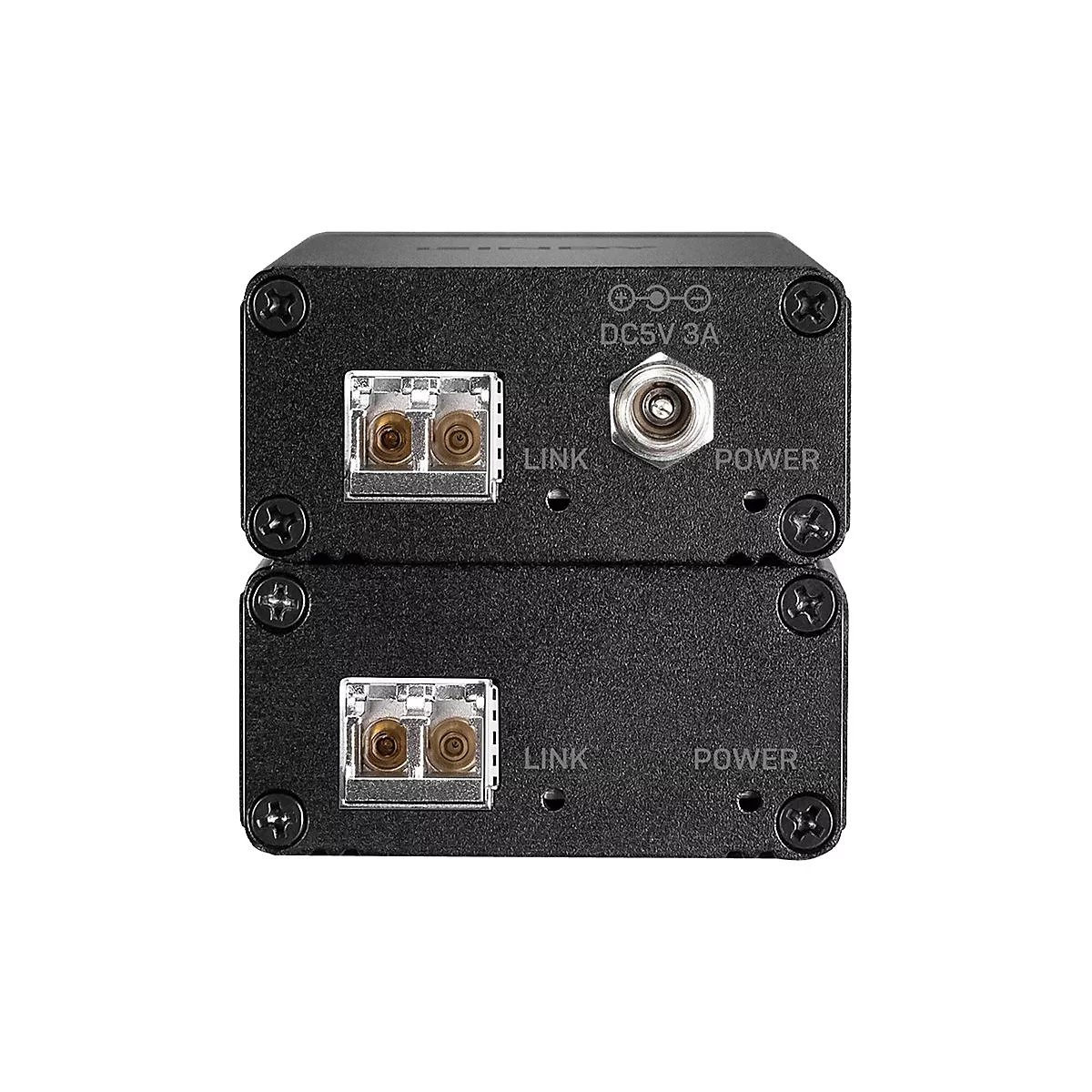 Zwei schwarze Geräte, beschriftet mit 'LINK' und 'POWER', mit Anschlüssen und Schrauben.