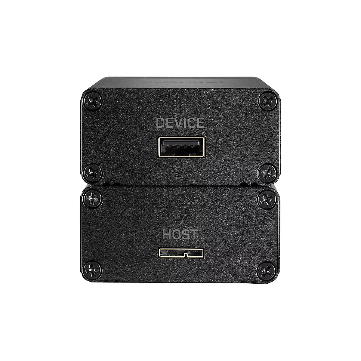 Schwarzer, rechteckiger Kasten mit zwei Ebenen. Auf der oberen Ebene steht 'DEVICE' und ein USB-Anschluss, auf der unteren 'HOST' und ein weiterer Anschluss.