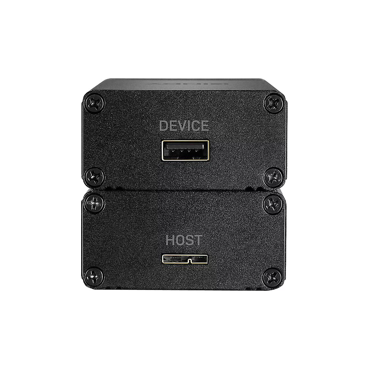 Schwarzes Gerät mit zwei USB-Anschlüssen. Oben: „DEVICE“. Unten: „HOST“.