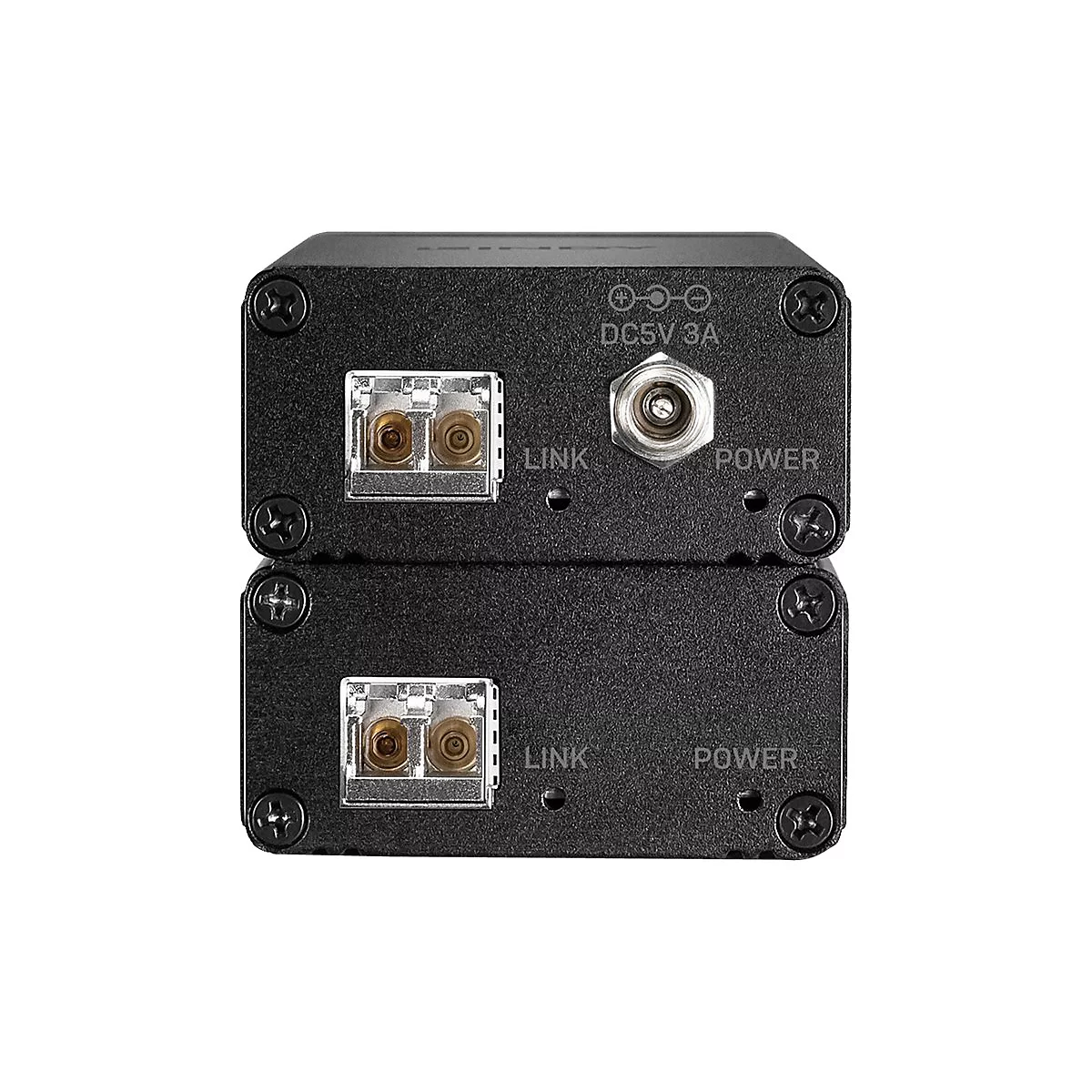 Zwei schwarze, rechteckige Geräte, übereinander angeordnet, mit Anschlüssen und Beschriftungen: LINK, POWER und DC5V 3A.