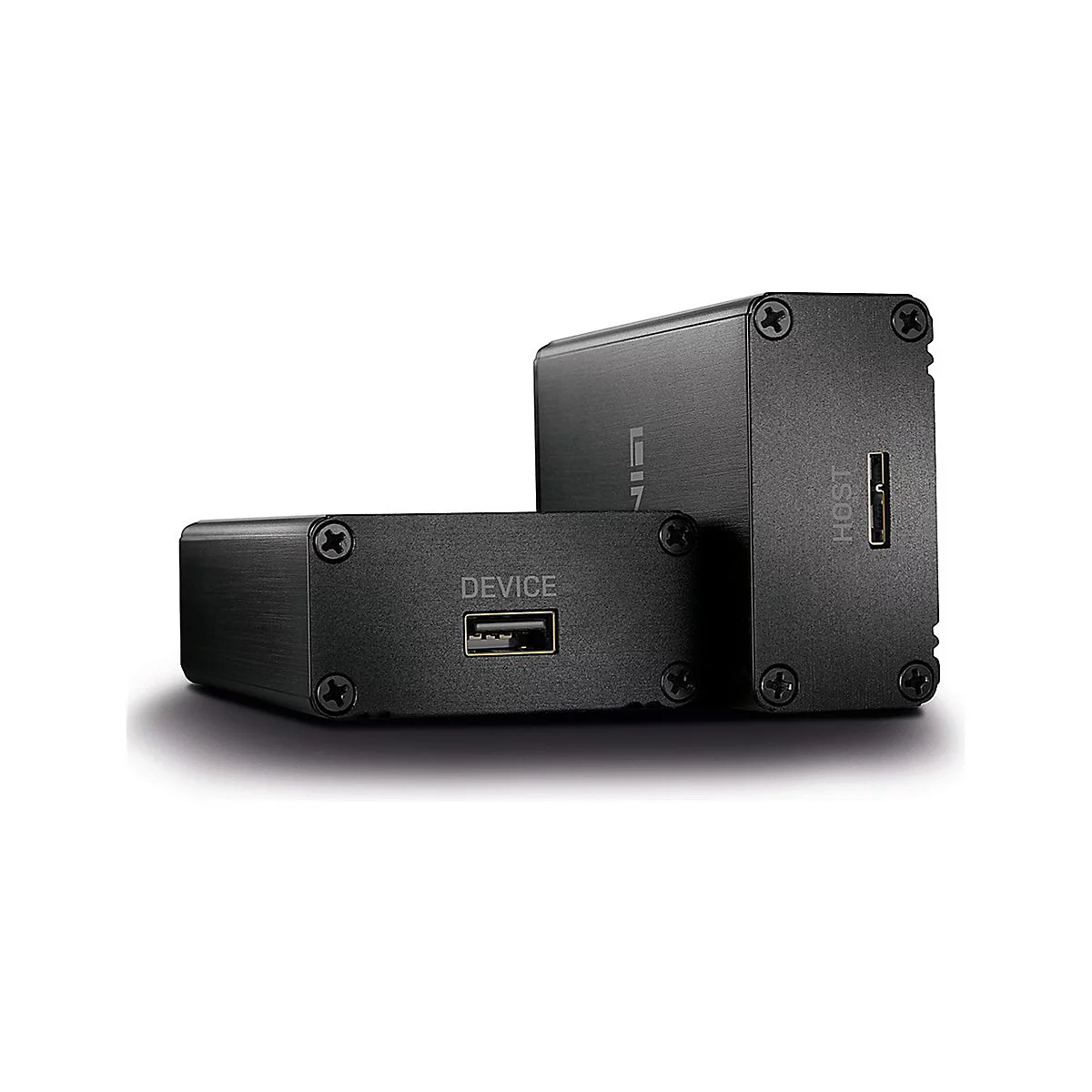 Zwei schwarze, quaderförmige Geräte mit USB-Anschlüssen. Auf einem steht HOST, auf dem anderen DEVICE.