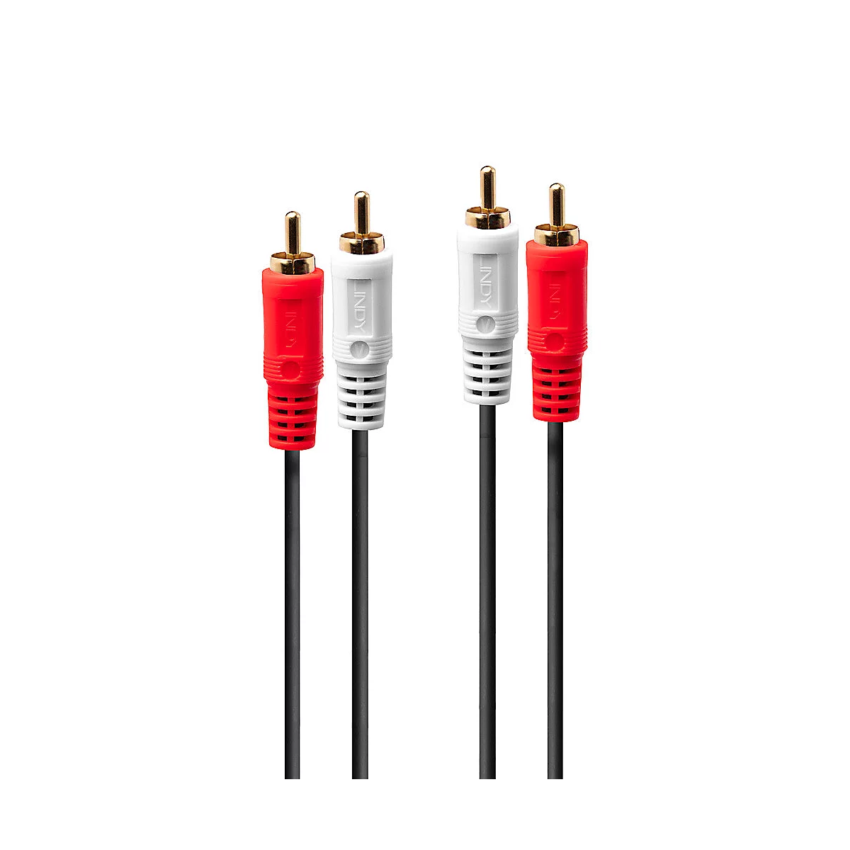 Gros plan sur quatre câbles RCA, deux rouges et deux blancs, avec des câbles noirs. Fiches avec pointes plaquées or, texte : LINDY.