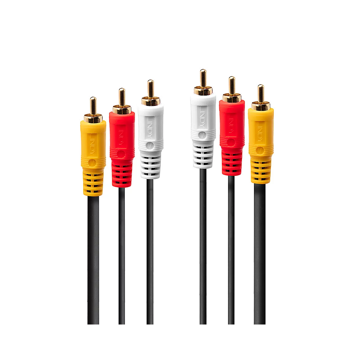 Six câbles RCA colorés avec des fils noirs. Jaune, rouge et blanc sont disposés par paires.