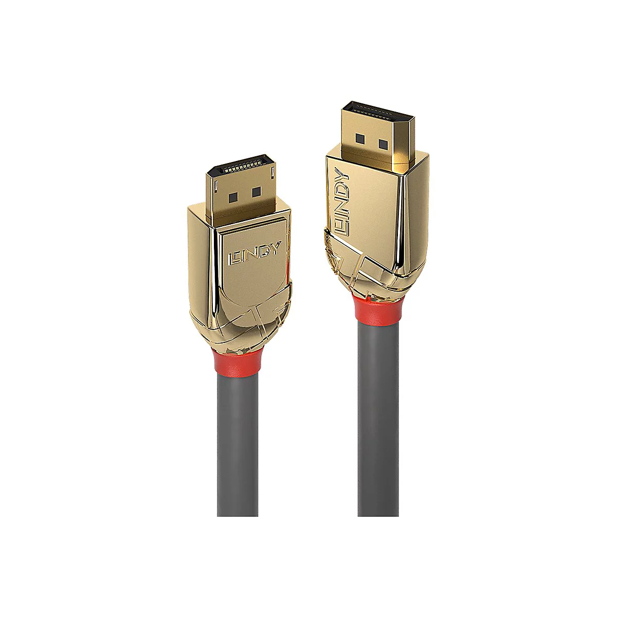 Deux fiches HDMI dorées avec câble gris. La fiche porte l'inscription "LINDY".