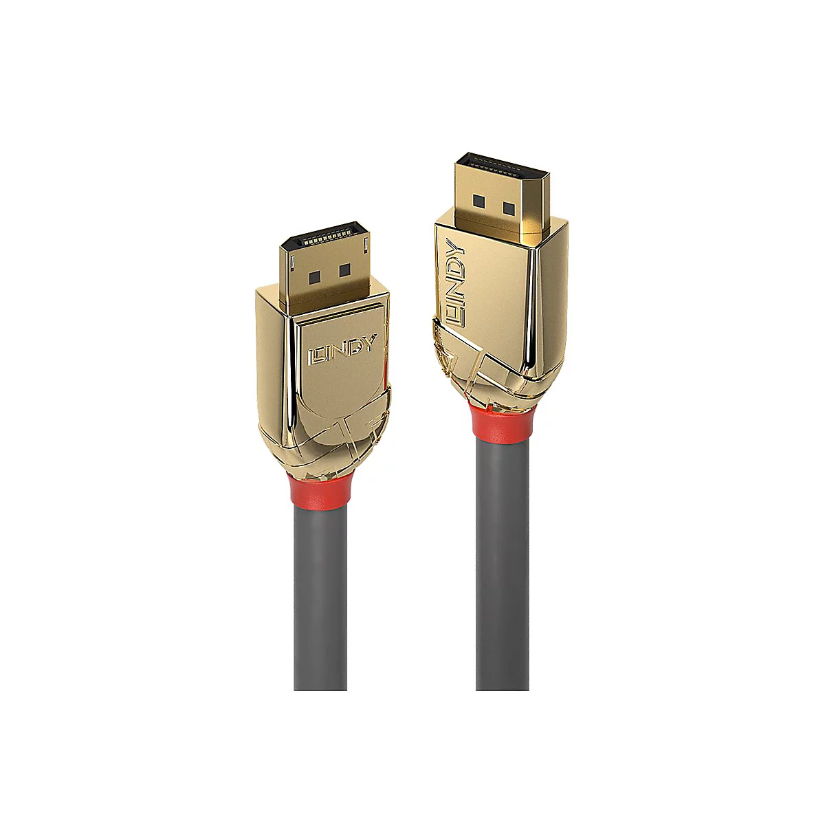 Deux câbles LINDY dorés avec des câbles gris et des accents rouges sur fond blanc.
