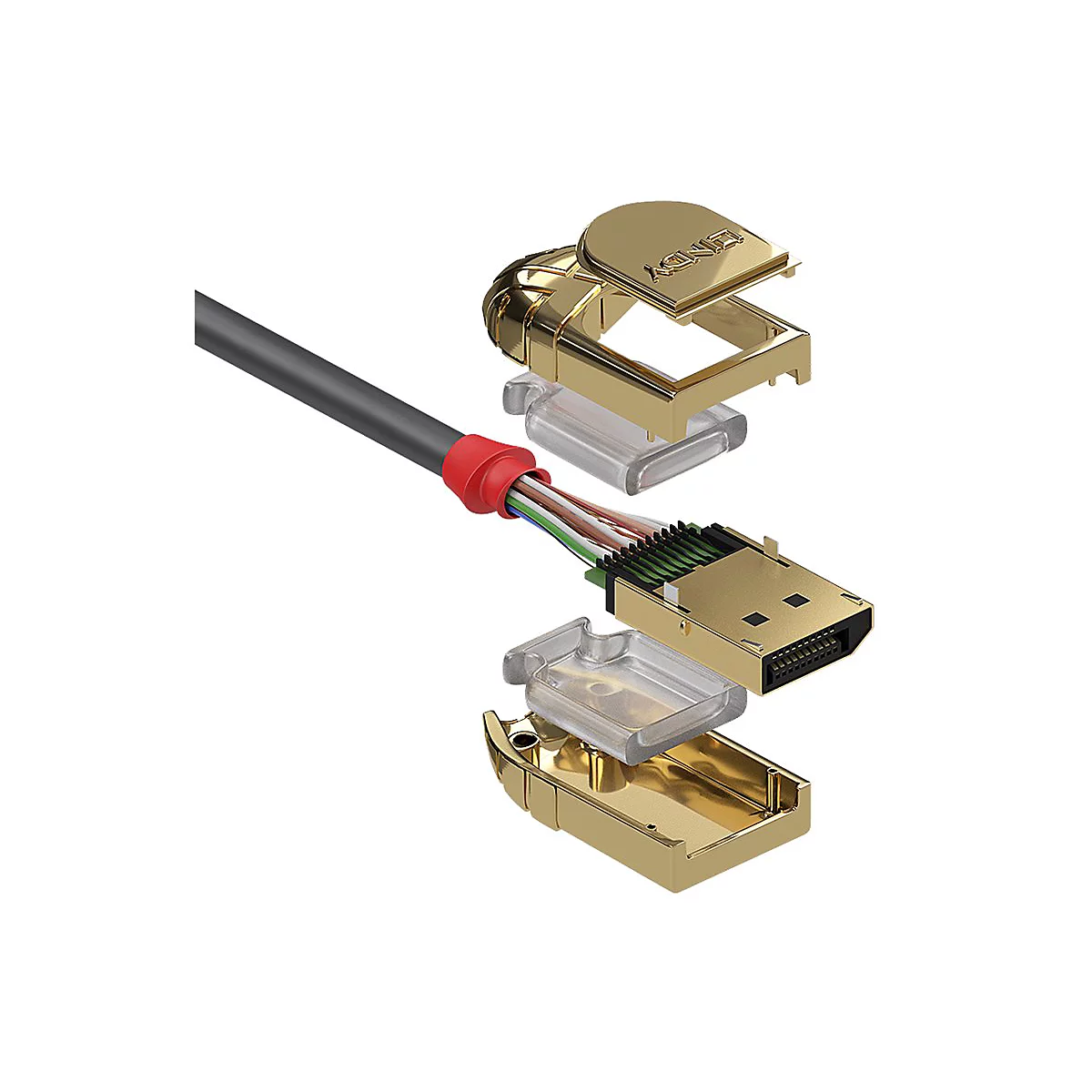 Vue éclatée d'un câble HDMI avec des connecteurs dorés et des fils apparents. Le mot "LINDY" est visible.