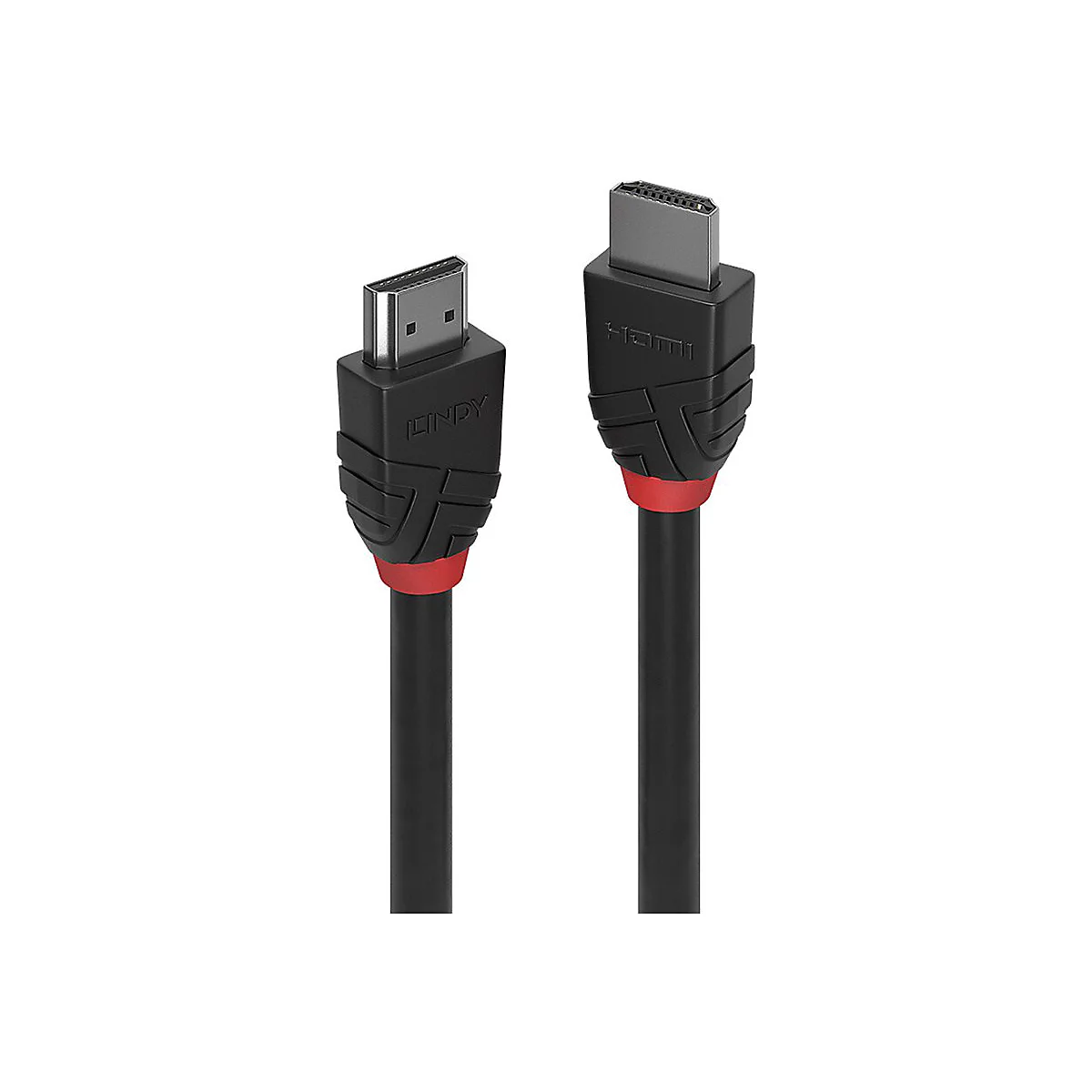 Deux câbles HDMI noirs avec des accents rouges. L'un porte la mention "LINDY", l'autre "HDMI".