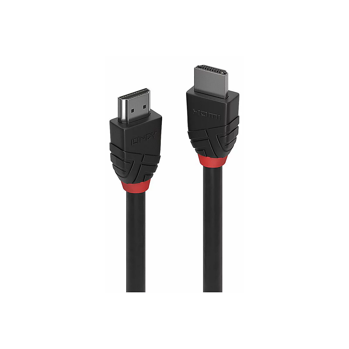 Deux câbles HDMI noirs avec des accents rouges et des fiches grises sur fond blanc. Un câble indique "LINDY".