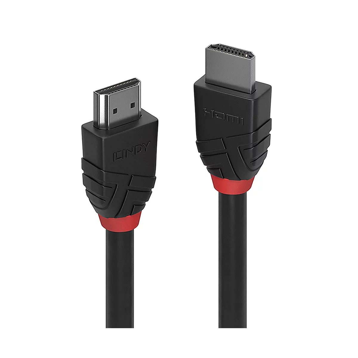 Deux câbles HDMI noirs avec des accents rouges. L'un dit "LINDY", l'autre "HDMI".