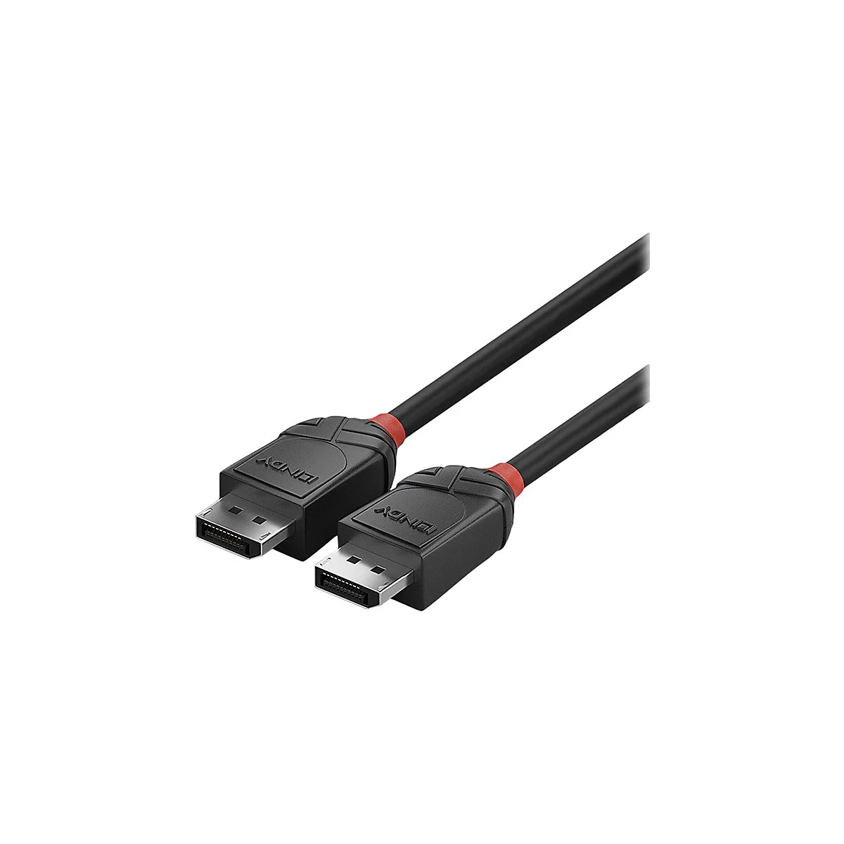 Deux câbles DisplayPort noirs avec des accents rouges. LINDY est écrit sur les connecteurs.