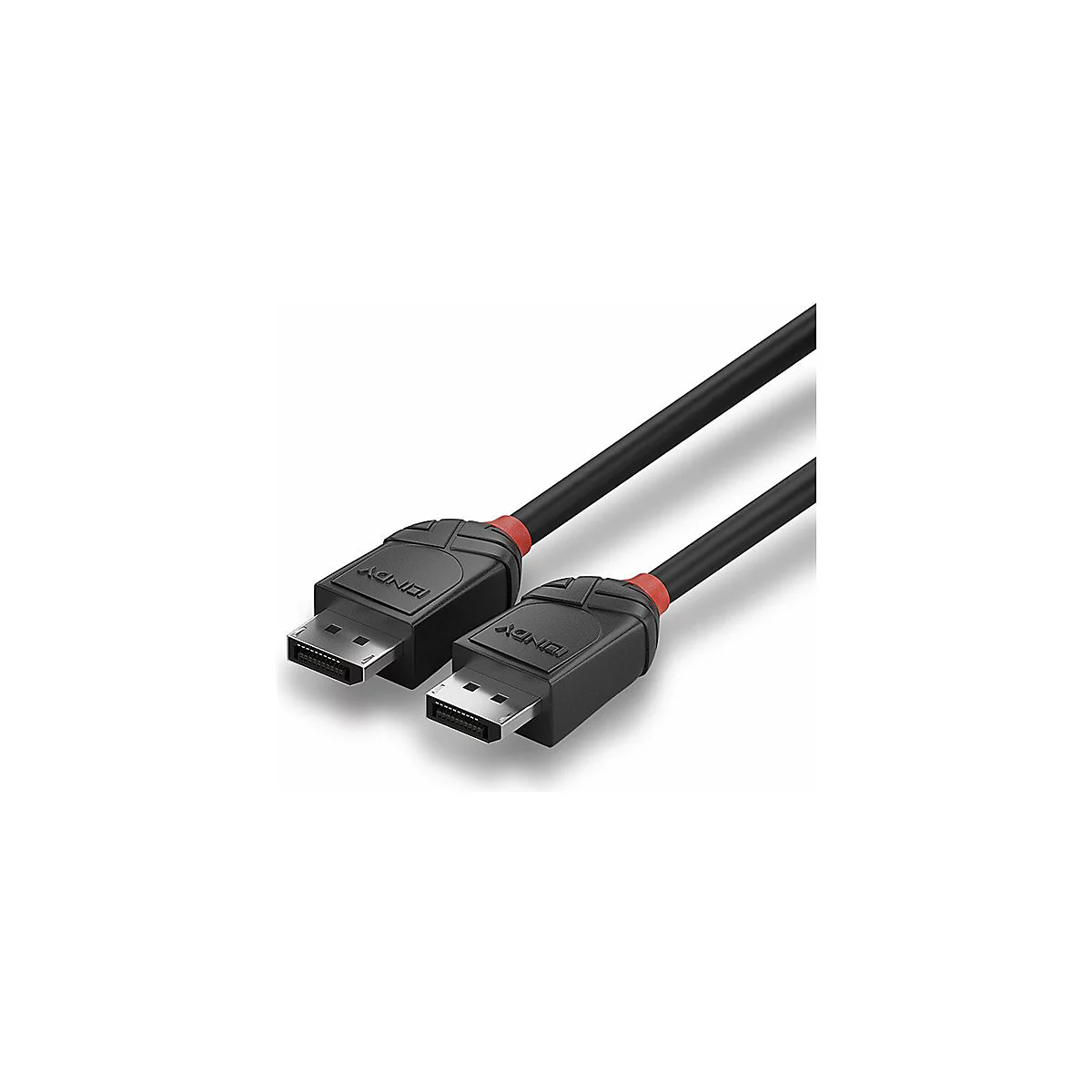 Deux câbles DisplayPort noirs avec des accents rouges. Les connecteurs montrent le logo LINDY et les connecteurs DisplayPort.
