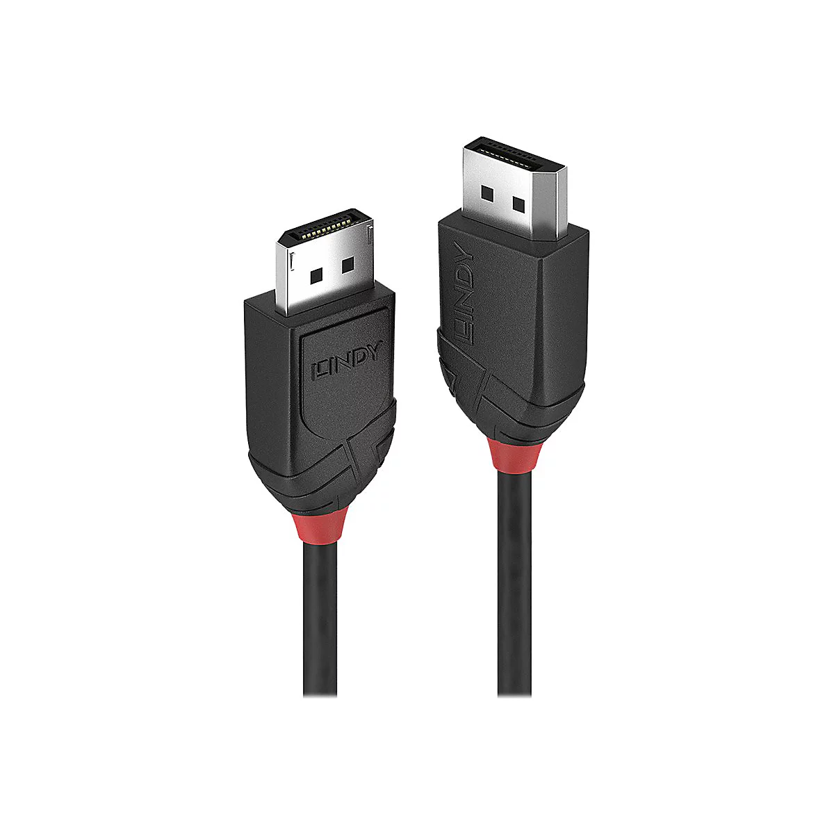 Deux câbles DisplayPort noirs avec des touches de rouge. Un câble est au premier plan, l'autre en arrière-plan.
