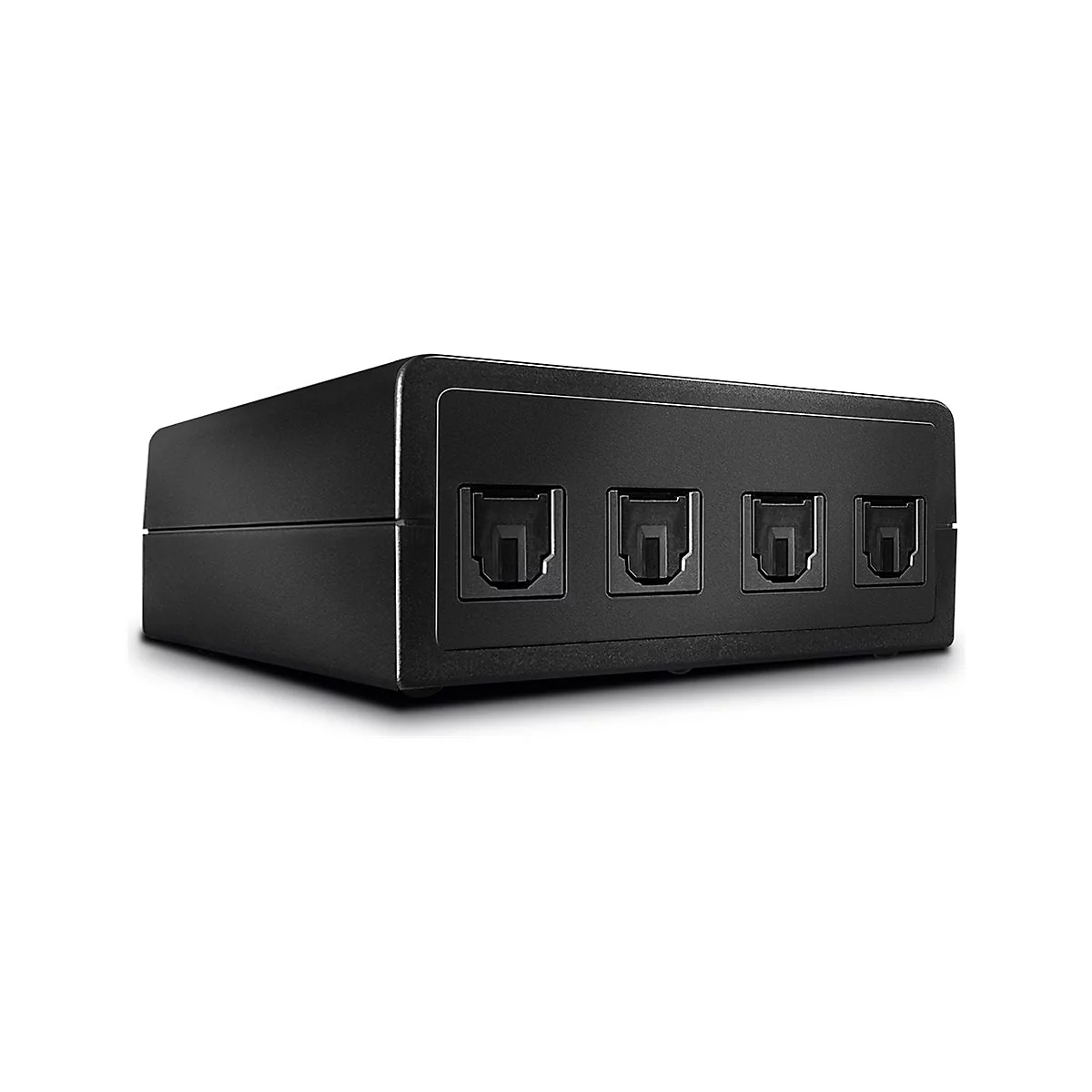 Schwarzes elektronisches Gerät mit vier rechteckigen Eingängen. Die Box ist rechteckig und hat eine leicht matte Oberfläche.