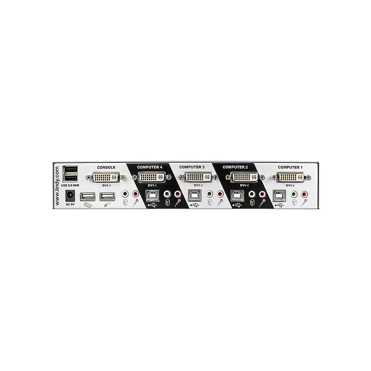 Schwarz-silberner KVM-Switch mit AnschlÃ¼ssen fÃ¼r Konsole und Computer. Beschriftungen: Console, Computer 1-4, USB, DVI.