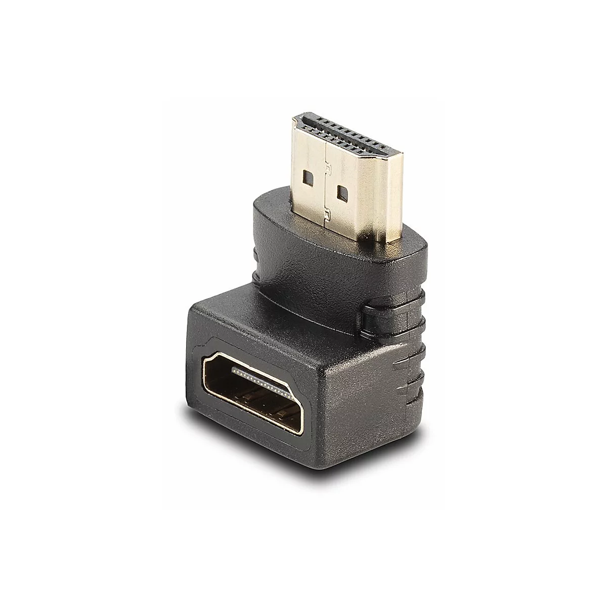 Ein schwarzer HDMI-Adapter im 90-Grad-Winkel, goldenem Anschluss, auf weißem Hintergrund.