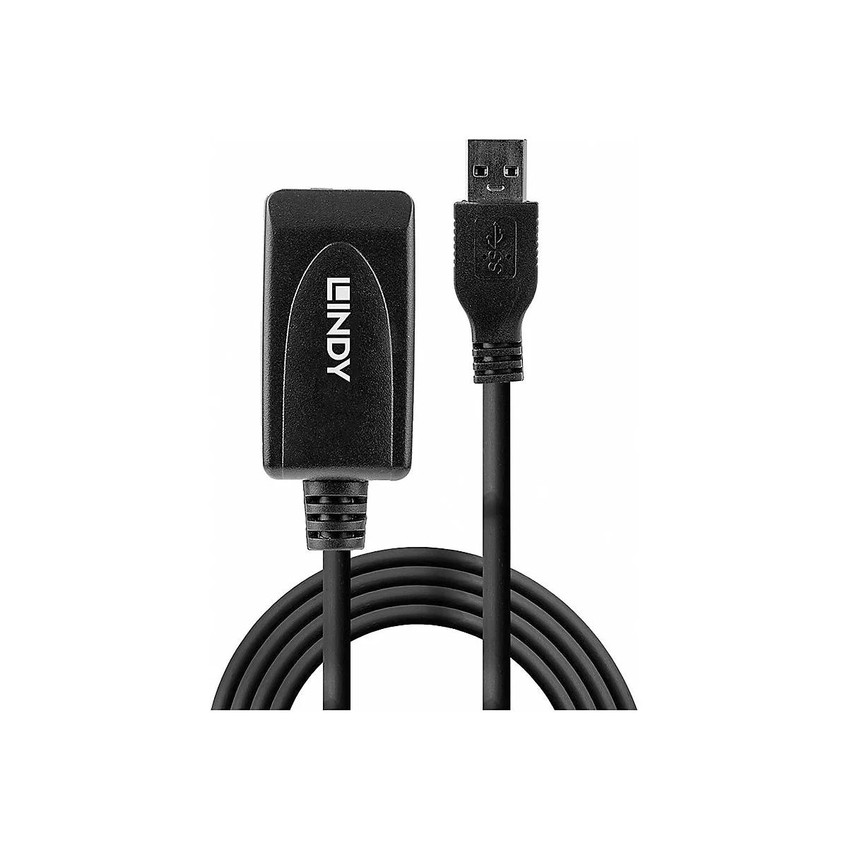Schwarzes Lindy USB-Verlängerungskabel, zeigt USB-A Stecker und Verlängerung.
