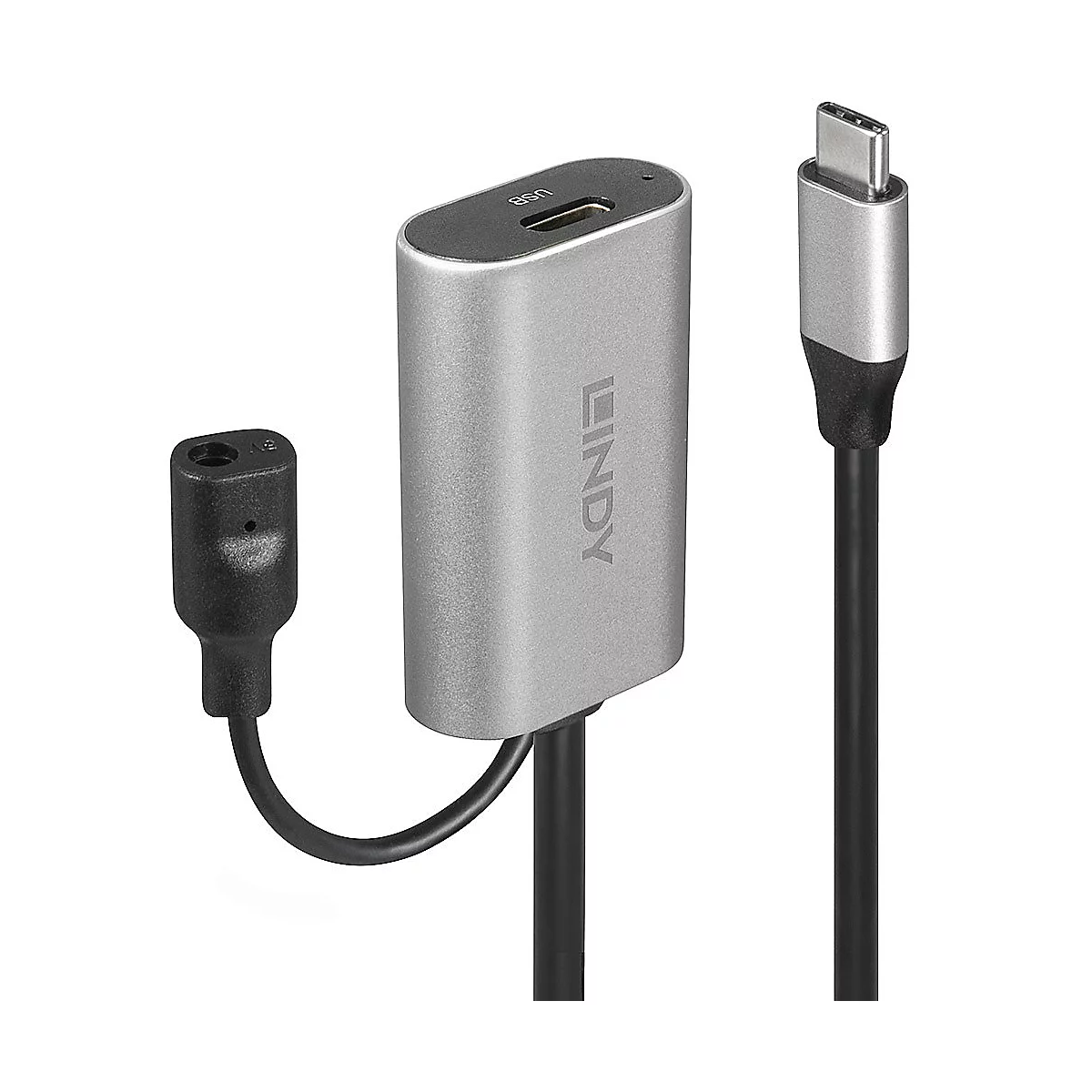 Silberner USB-C Adapter von Lindy mit verschiedenen Anschlüssen, darunter USB und ein schwarzer Anschluss.