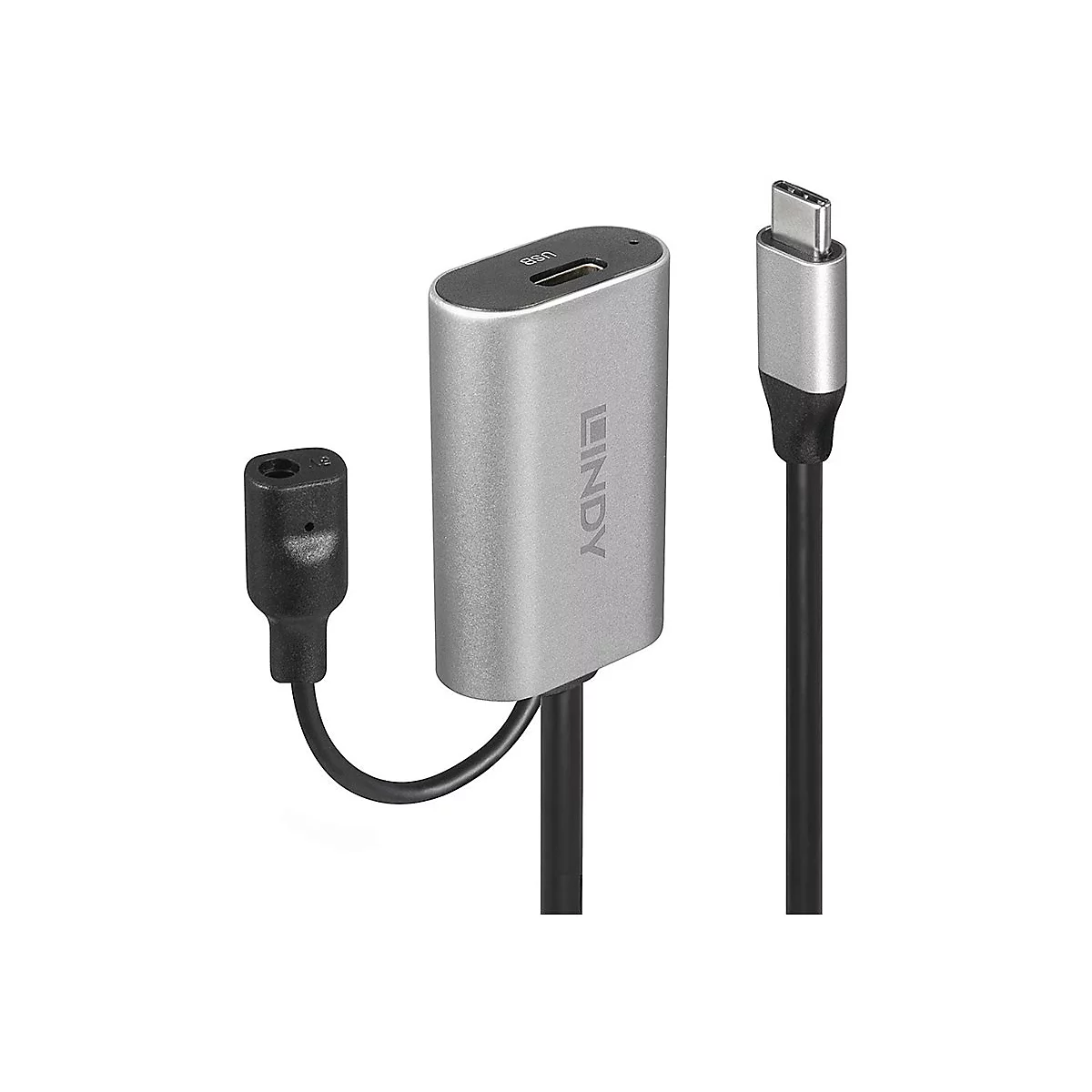 Silberner Lindy-Adapter mit USB-C und 3,5-mm-Klinkeanschluss, schwarzes Kabel. Der Adapter hat das Lindy-Logo.