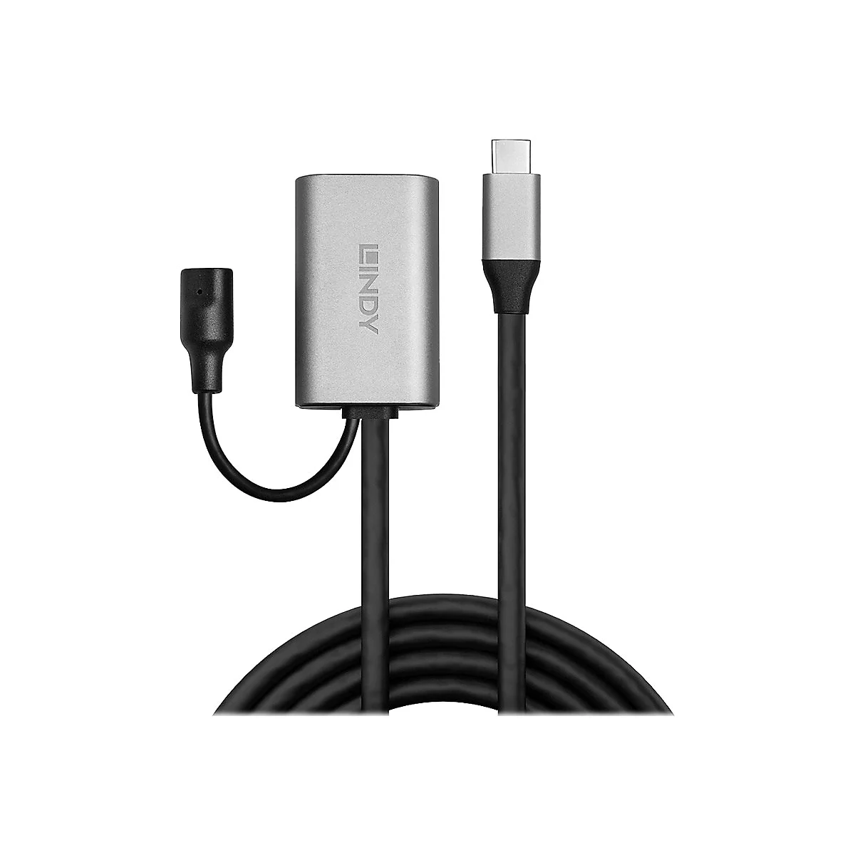 Ein grauer Lindy-Adapter mit drei Kabeln. Der Adapter hat das Lindy-Logo. Kabel enden in einem USB-C-Stecker und einem HDMI-Anschluss.