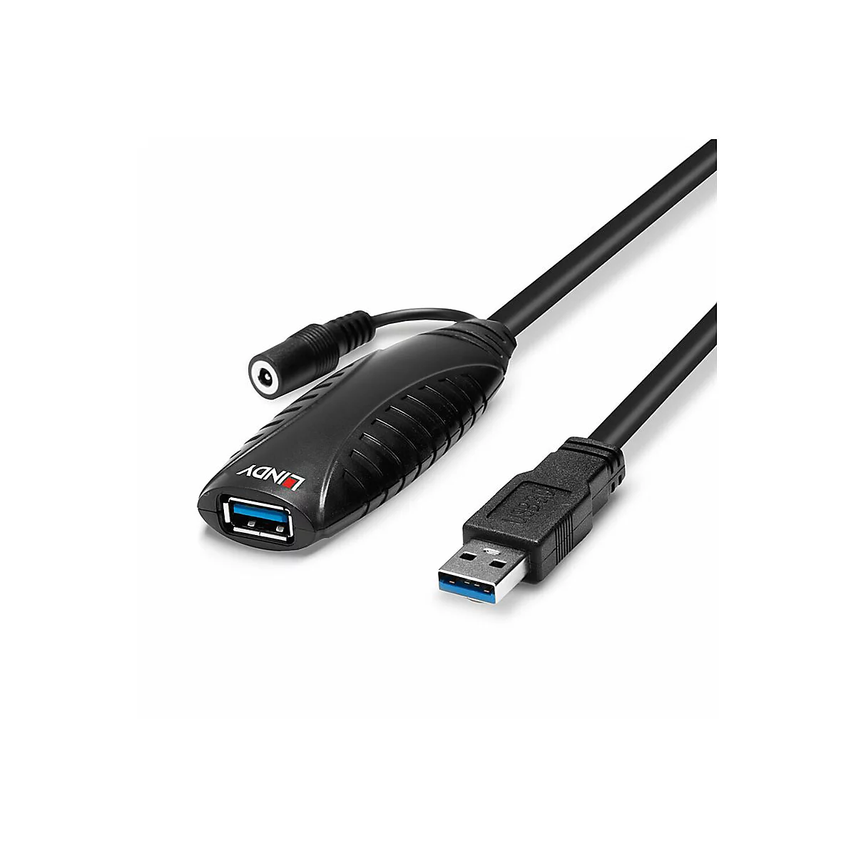 Schwarzer USB-Hub mit USB-3.0-Anschluss und Netzteilanschluss, Kabel nach rechts. Aufschrift: LINDY.